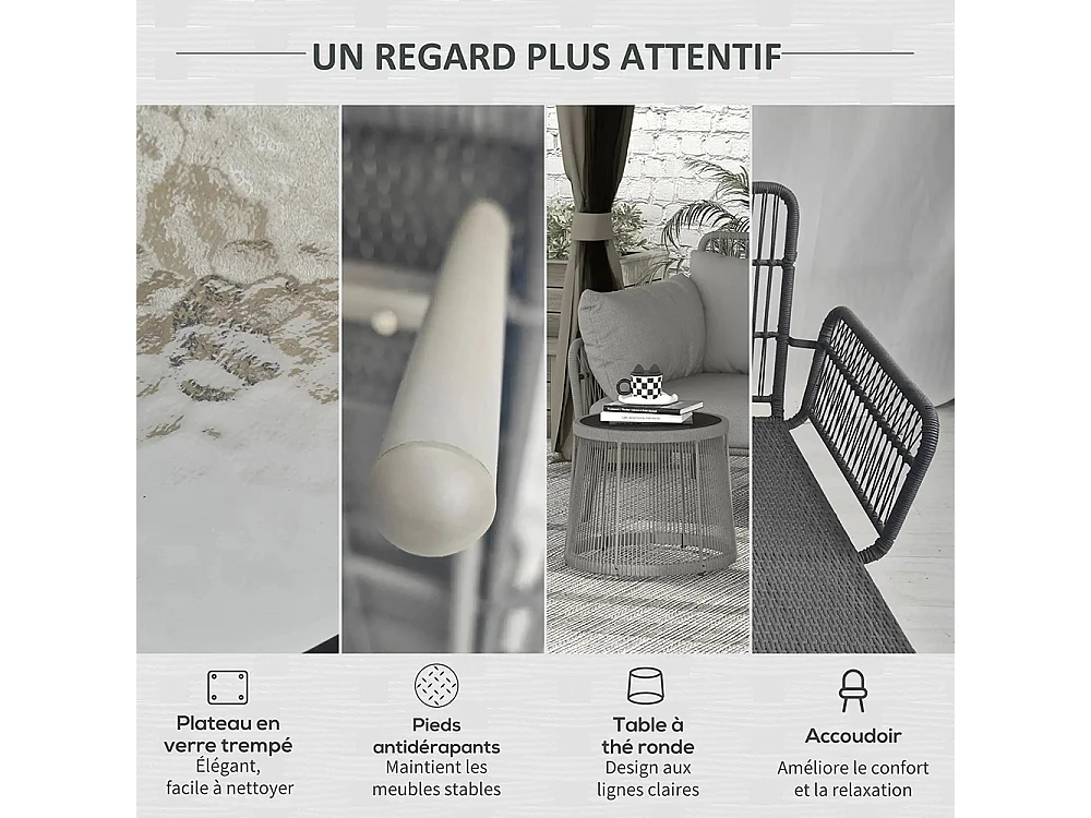 Salon de jardin d'angle 4 pers style colonial table basse coussins grand confort inclus résine tressée gris