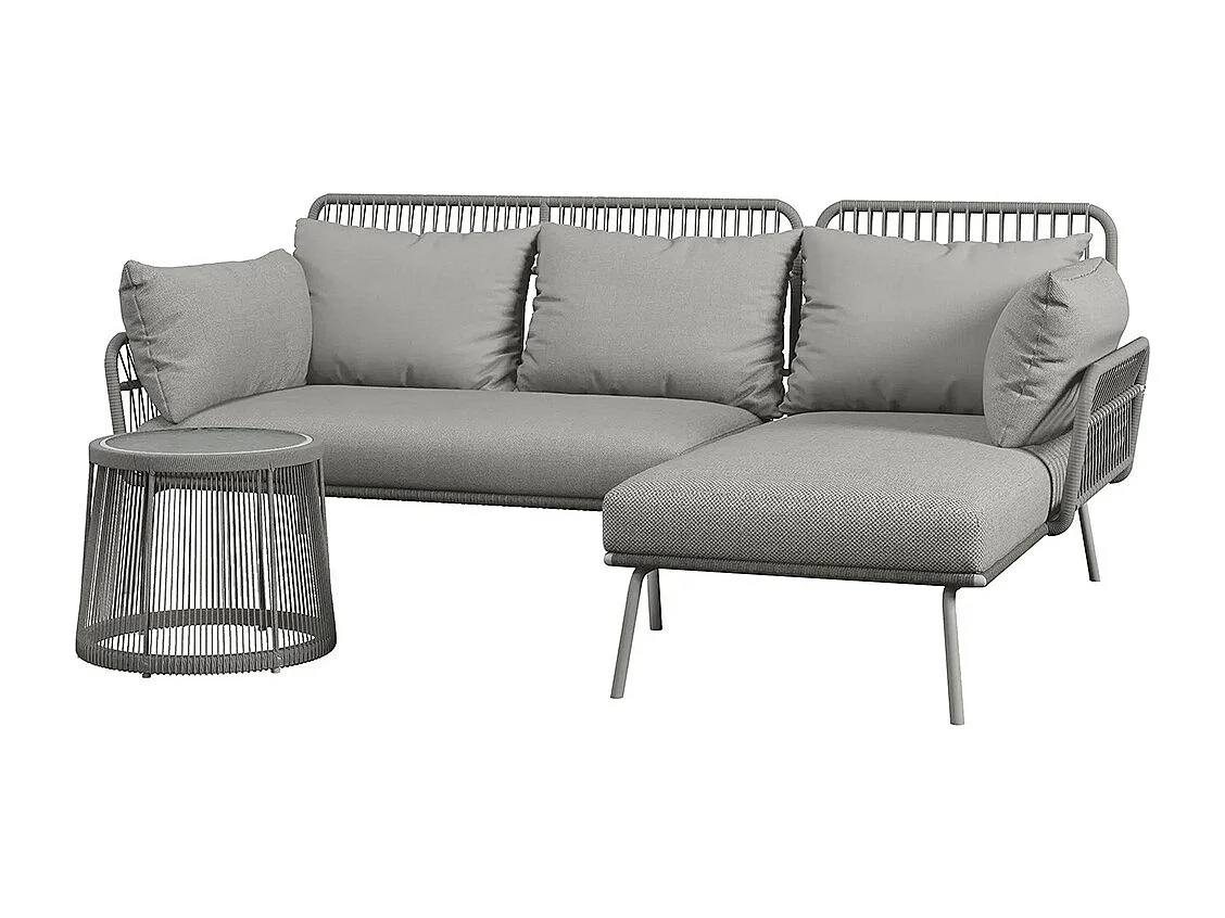 Salon de jardin d'angle 4 pers style colonial table basse coussins grand confort inclus résine tressée gris