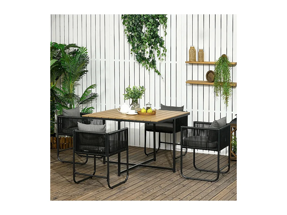 Salon de jardin ensemble 5 pièces avec 1 table et 4 fauteuils 8 coussins table en composite plateau aspect bois naturel
