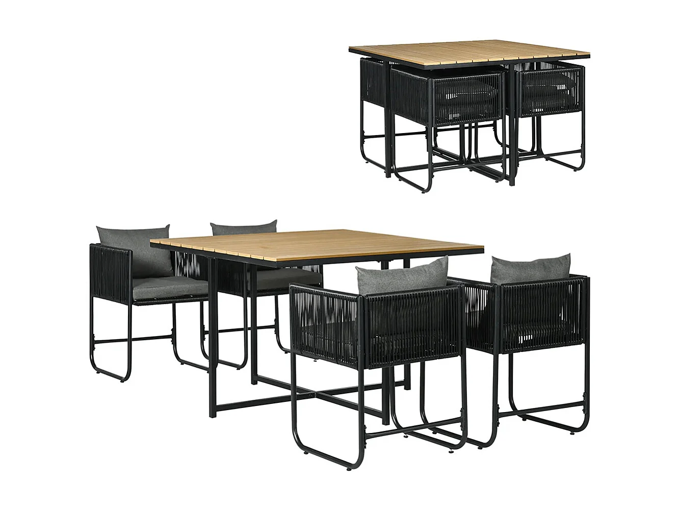 Salon de jardin ensemble 5 pièces avec 1 table et 4 fauteuils 8 coussins table en composite plateau aspect bois naturel