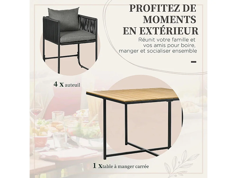 Salon de jardin ensemble 5 pièces avec 1 table et 4 fauteuils 8 coussins table en composite plateau aspect bois naturel