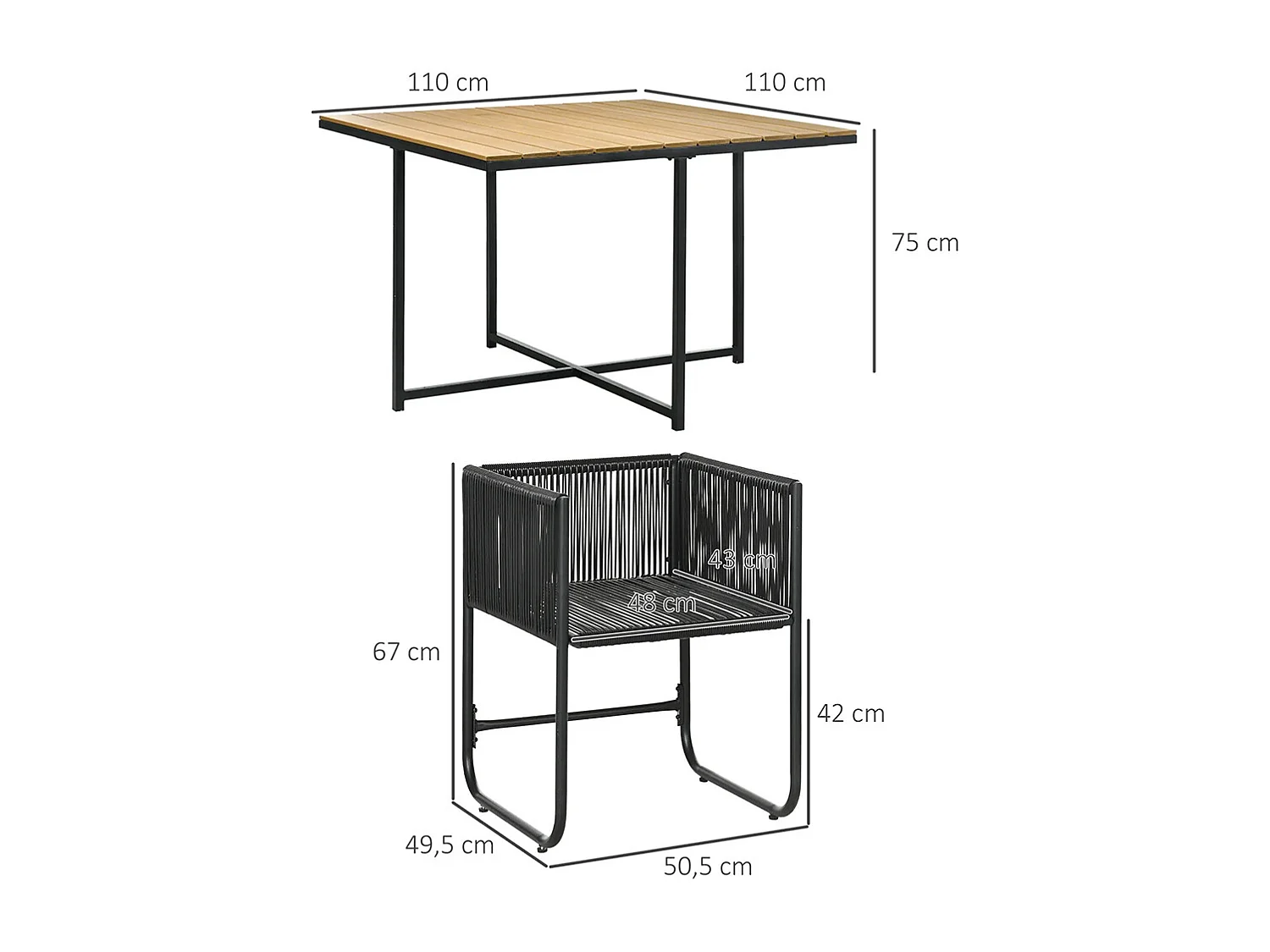 Salon de jardin ensemble 5 pièces avec 1 table et 4 fauteuils 8 coussins table en composite plateau aspect bois naturel