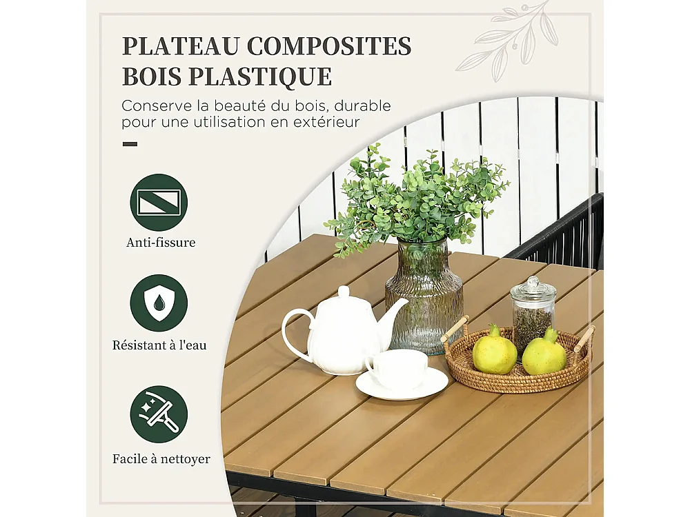 Salon de jardin ensemble 5 pièces avec 1 table et 4 fauteuils 8 coussins table en composite plateau aspect bois naturel