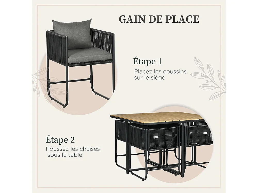 Salon de jardin ensemble 5 pièces avec 1 table et 4 fauteuils 8 coussins table en composite plateau aspect bois naturel