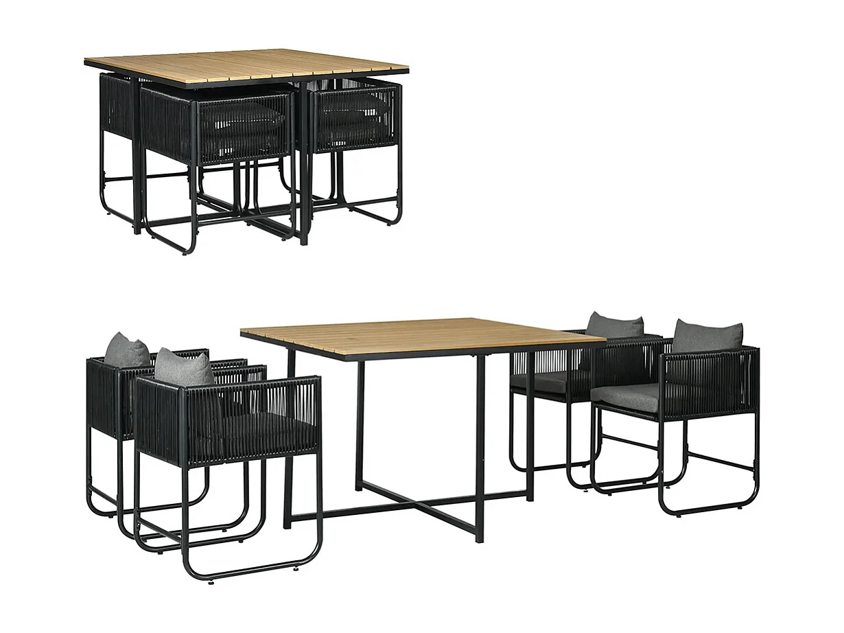 Salon de jardin ensemble 5 pièces avec 1 table et 4 fauteuils 8 coussins table en composite plateau aspect bois naturel