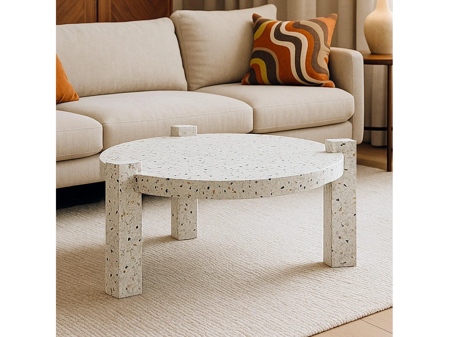 Table basse ronde moderne Titouan D84cm Effet Terrazzo