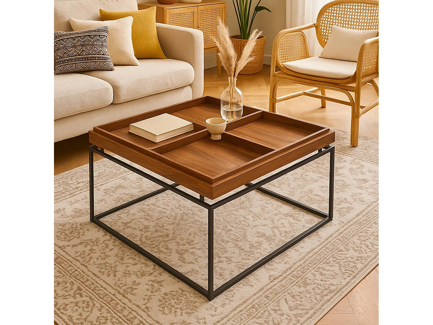 Table basse carrée avec plateau compartimenté réversible 80x80cm Duplix Bois Noisette