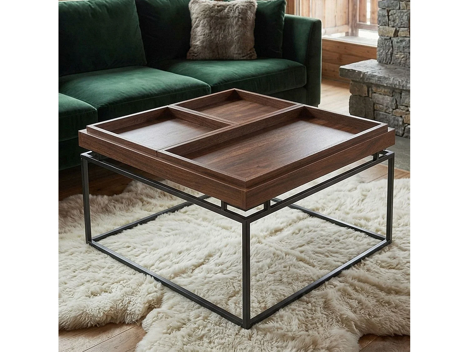 Table basse carrée avec plateau compartimenté réversible 80x80cm Duplix Bois Noisette