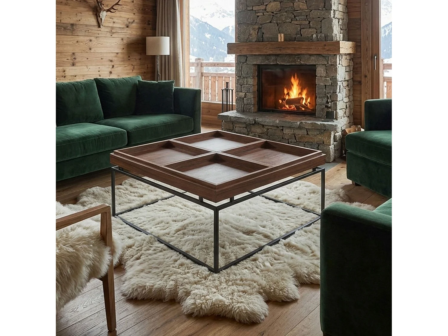 Table basse carrée avec plateau compartimenté réversible 80x80cm Duplix Bois Noisette