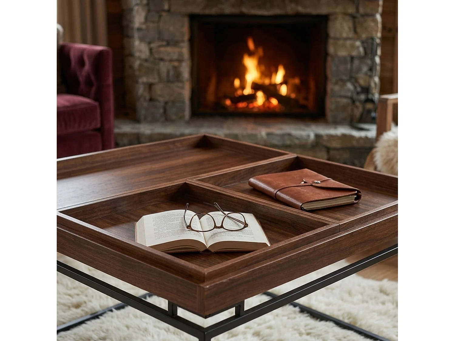Table basse carrée avec plateau compartimenté réversible 80x80cm Duplix Bois Noisette