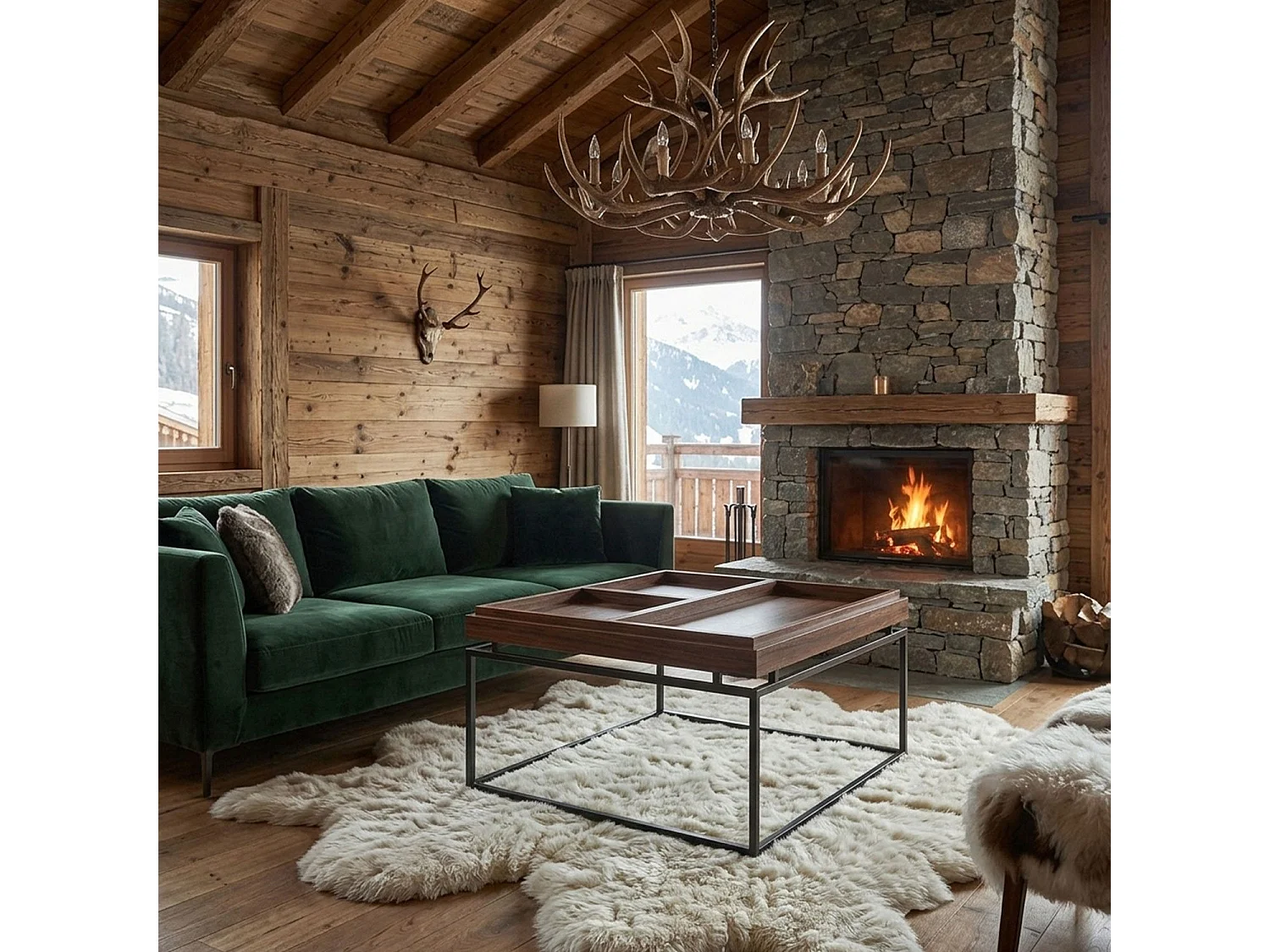 Table basse carrée avec plateau compartimenté réversible 80x80cm Duplix Bois Noisette