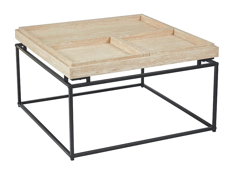 Table basse carrée avec plateau compartimenté réversible 80x80cm Duplix Effet Travertin Beige