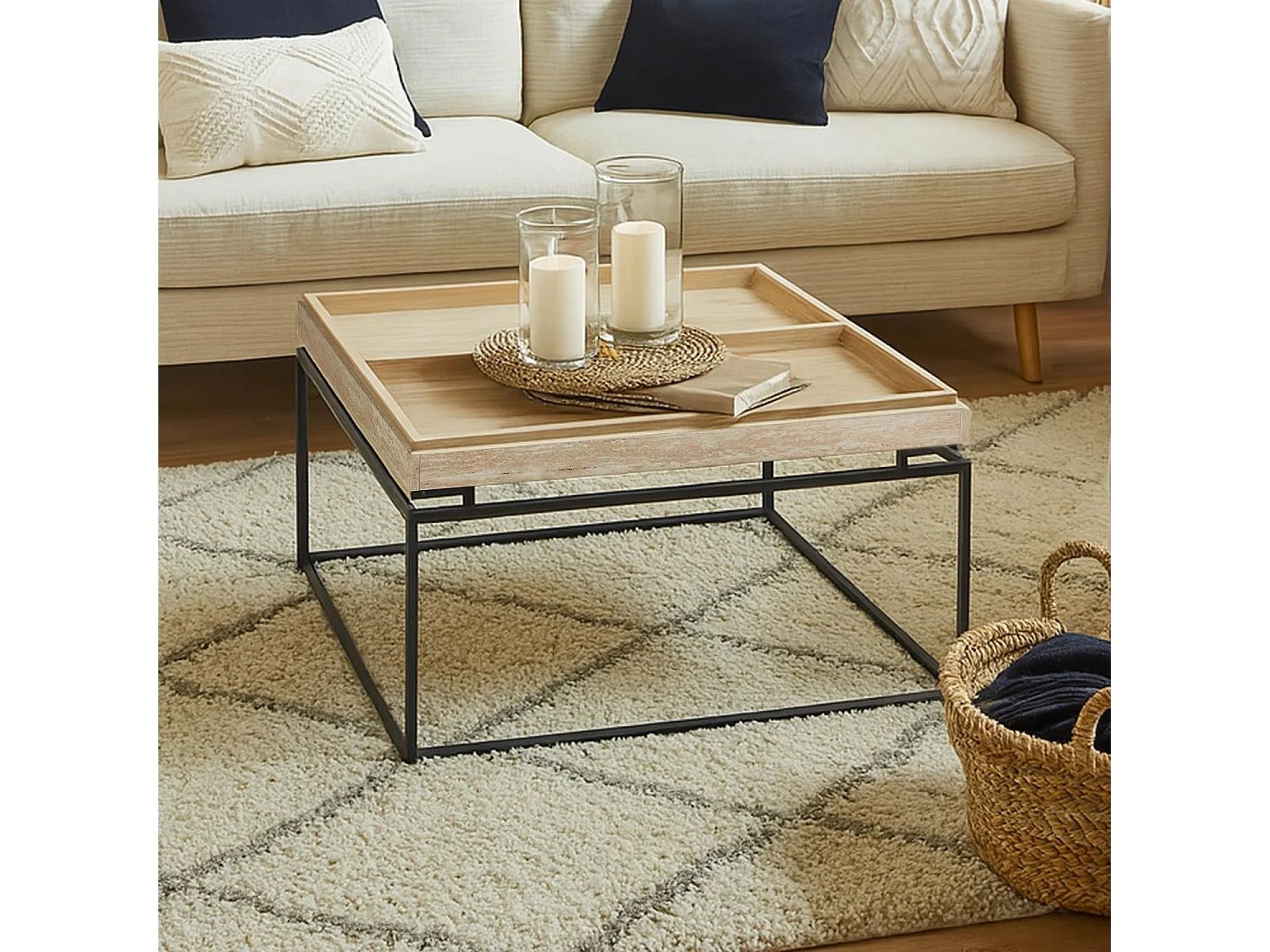 Table basse carrée avec plateau compartimenté réversible 80x80cm Duplix Effet Travertin Beige