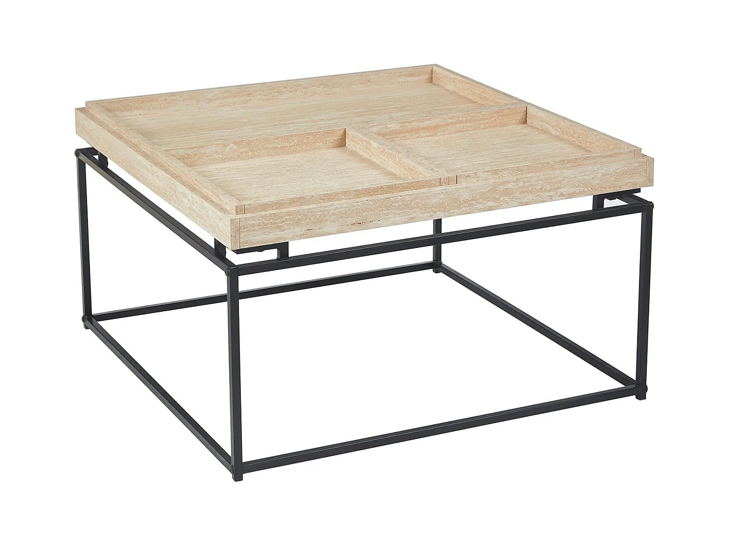 Table basse carrée avec plateau compartimenté réversible 80x80cm Duplix Effet Travertin Beige