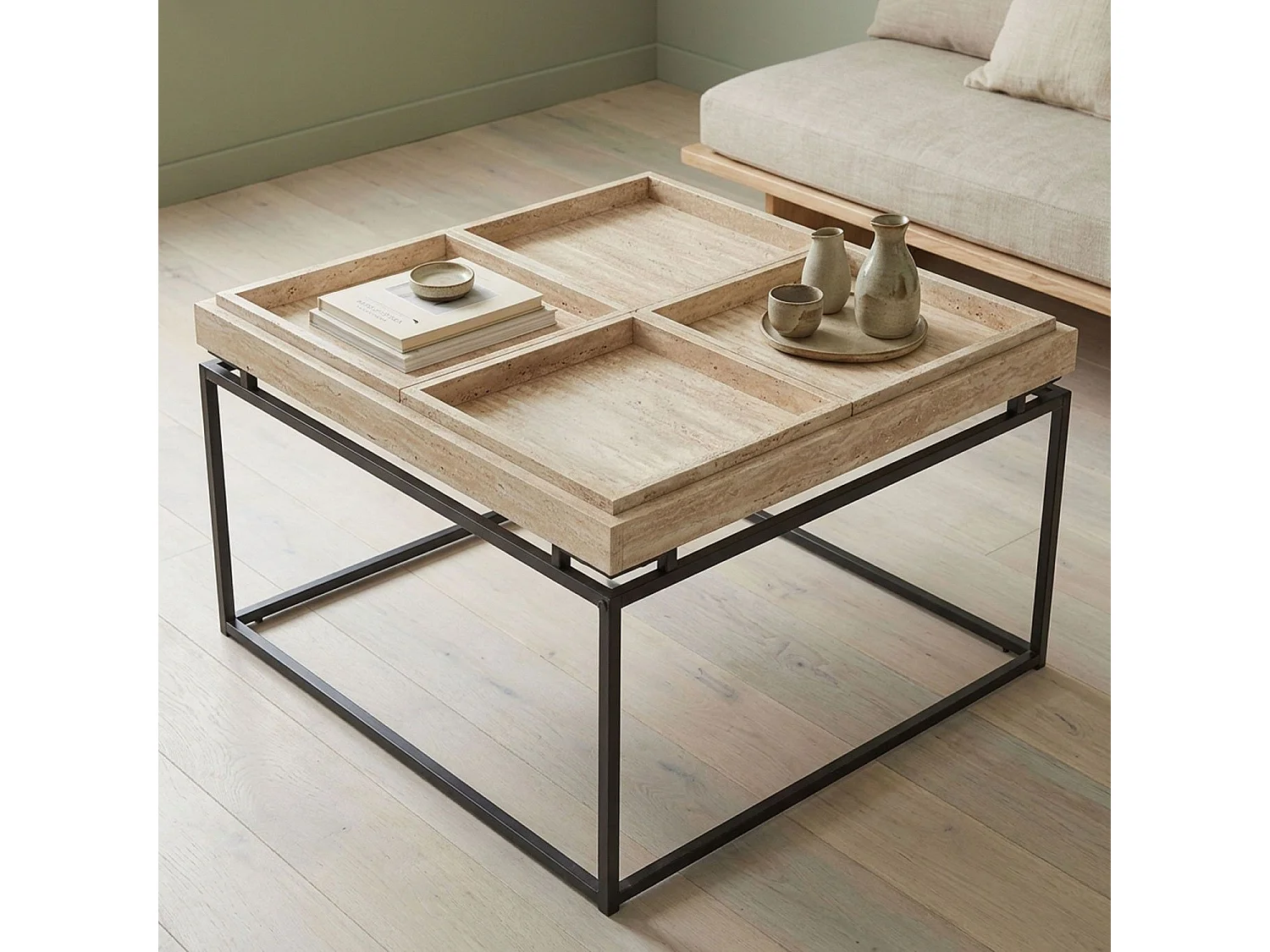 Table basse carrée avec plateau compartimenté réversible 80x80cm Duplix Effet Travertin Beige
