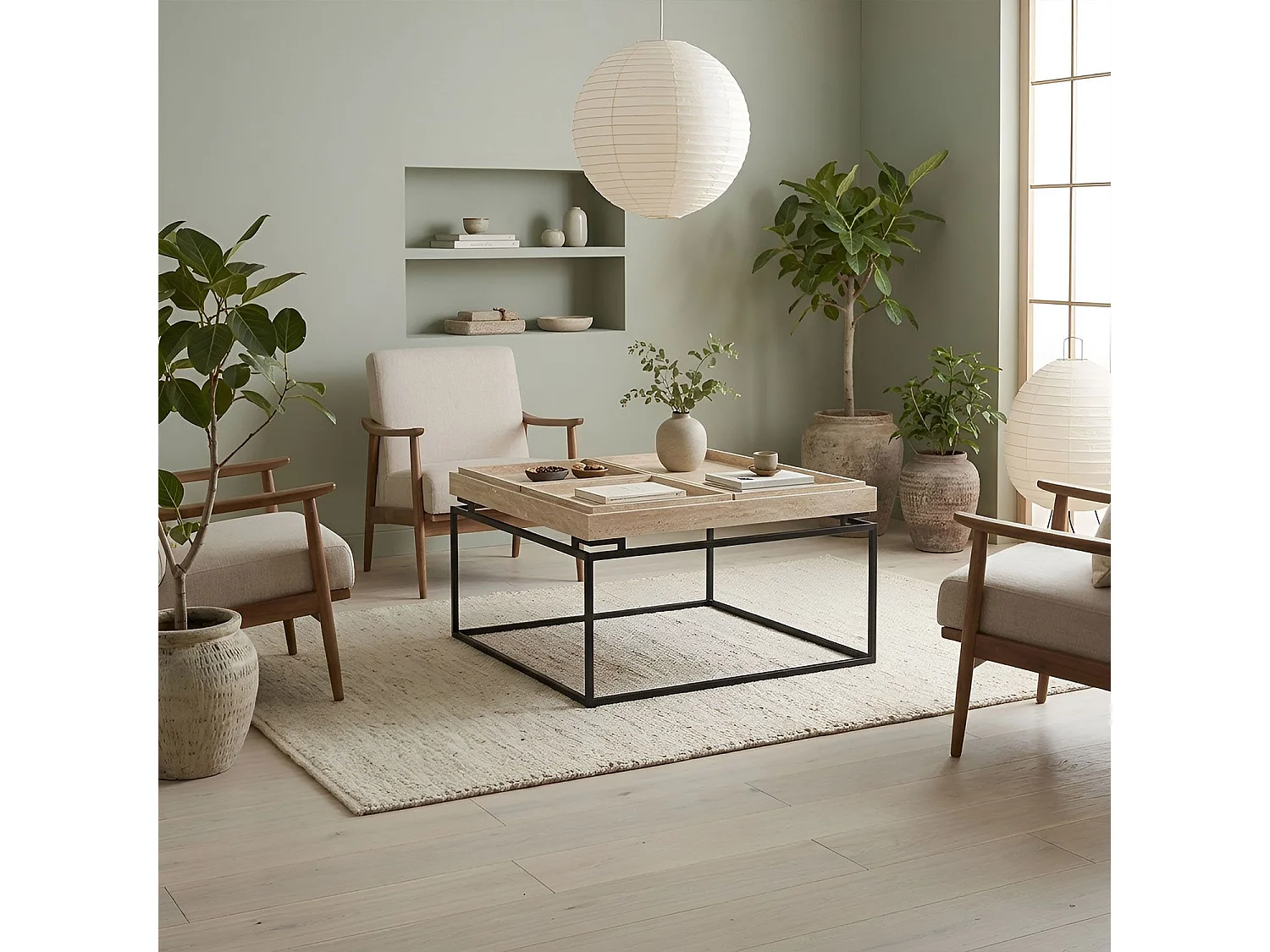 Table basse carrée avec plateau compartimenté réversible 80x80cm Duplix Effet Travertin Beige