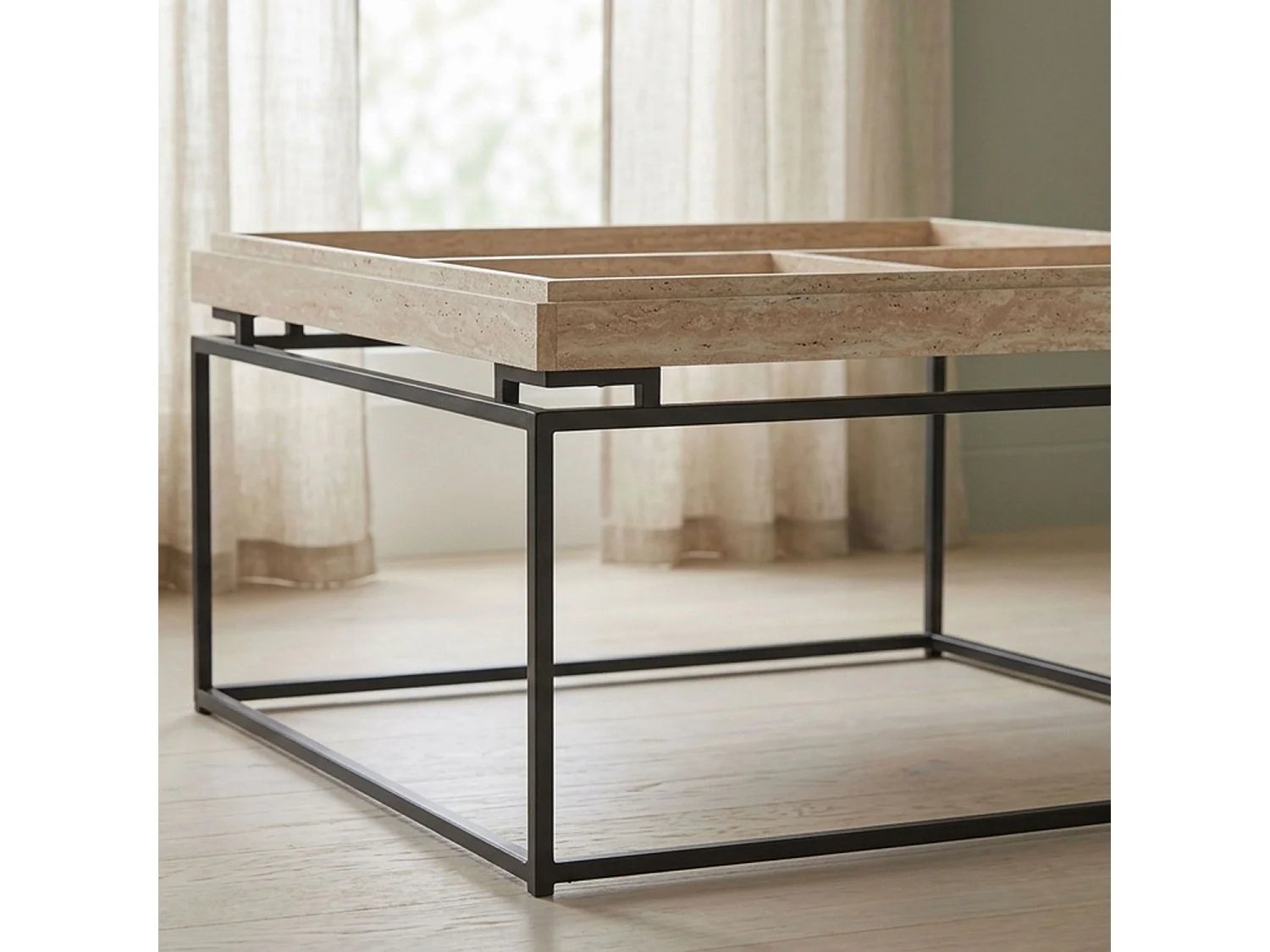Table basse carrée avec plateau compartimenté réversible 80x80cm Duplix Effet Travertin Beige