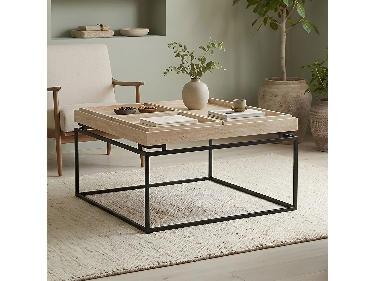 Table basse carrée avec plateau compartimenté réversible 80x80cm Duplix Effet Travertin Beige