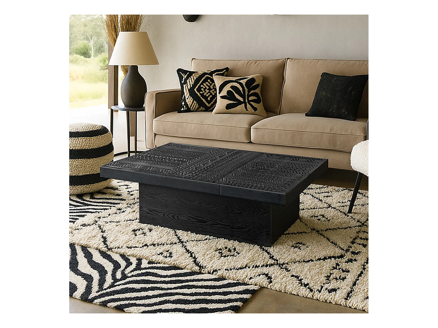 Table rectangulaire style ethnique 60x120cm Kinshasa 2 tiroirs Bois Noir