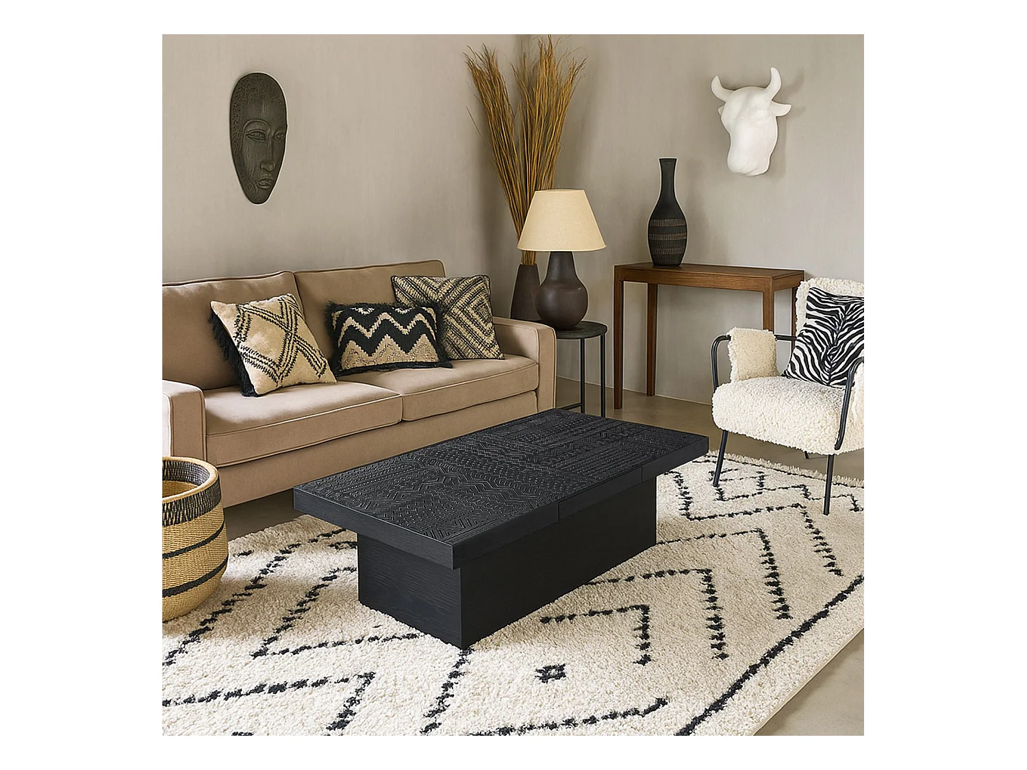 Table rectangulaire style ethnique 60x120cm Kinshasa 2 tiroirs Bois Noir