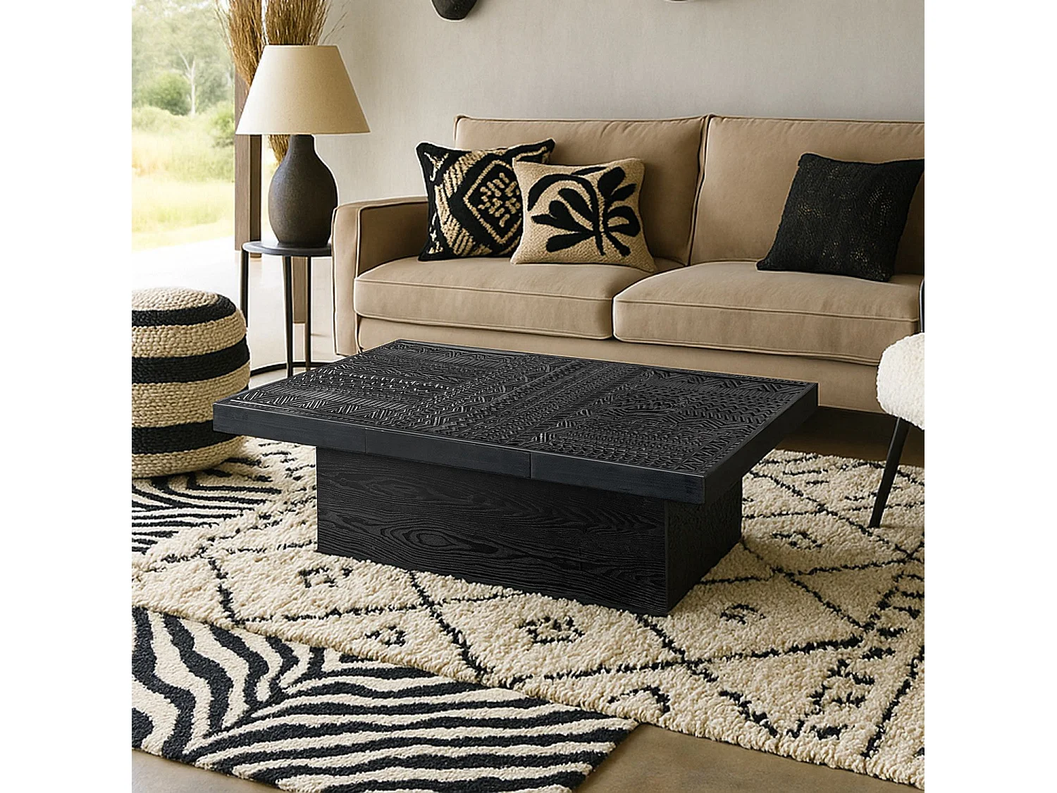 Table rectangulaire style ethnique 60x120cm Kinshasa 2 tiroirs Bois Noir