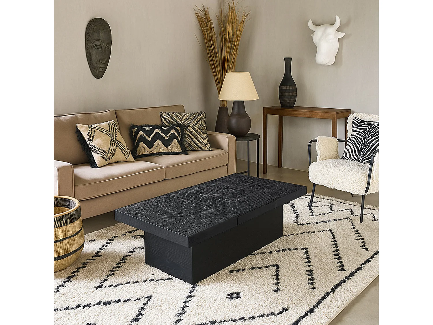 Table rectangulaire style ethnique 60x120cm Kinshasa 2 tiroirs Bois Noir