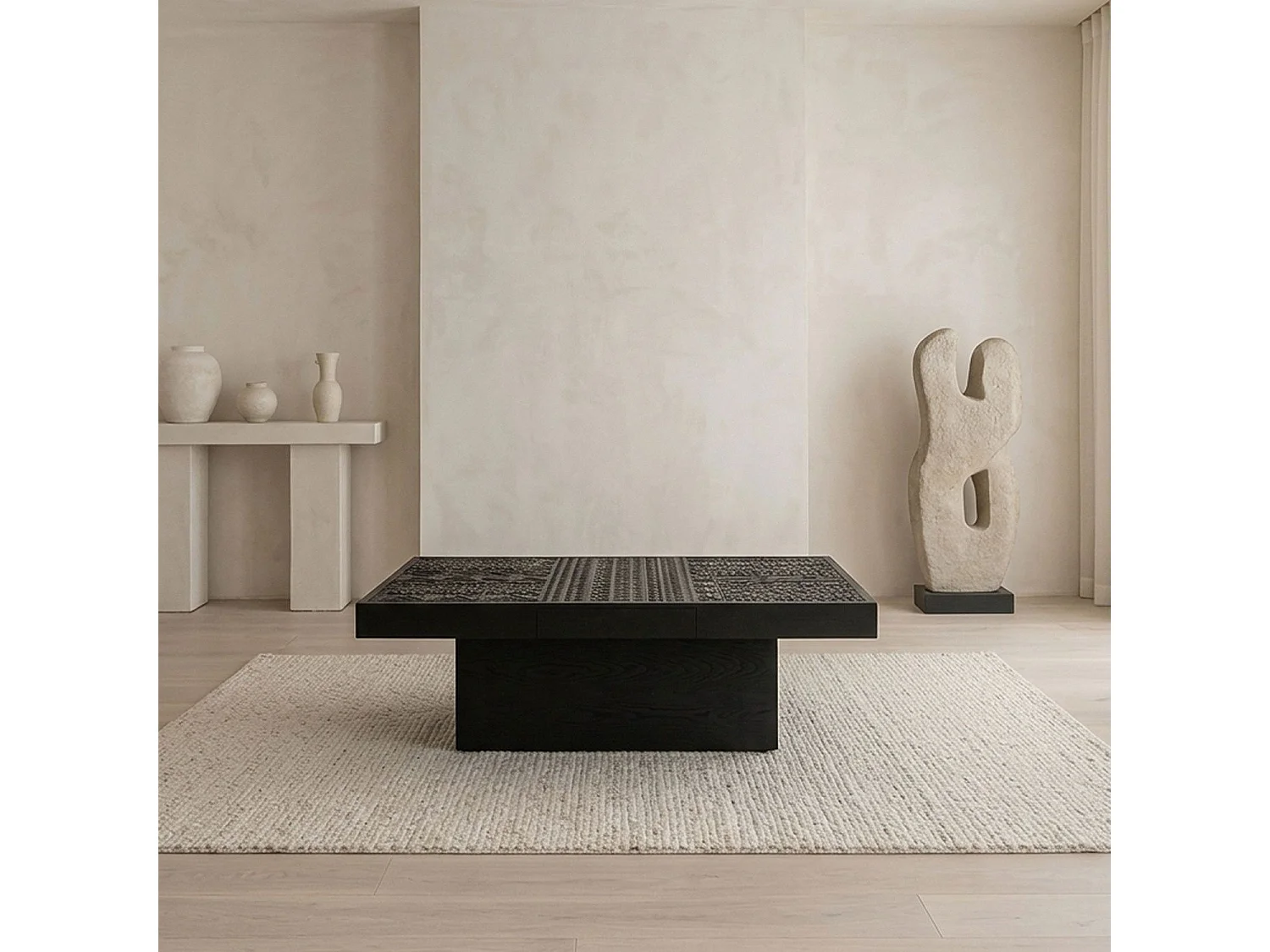 Table rectangulaire style ethnique 60x120cm Kinshasa 2 tiroirs Bois Noir