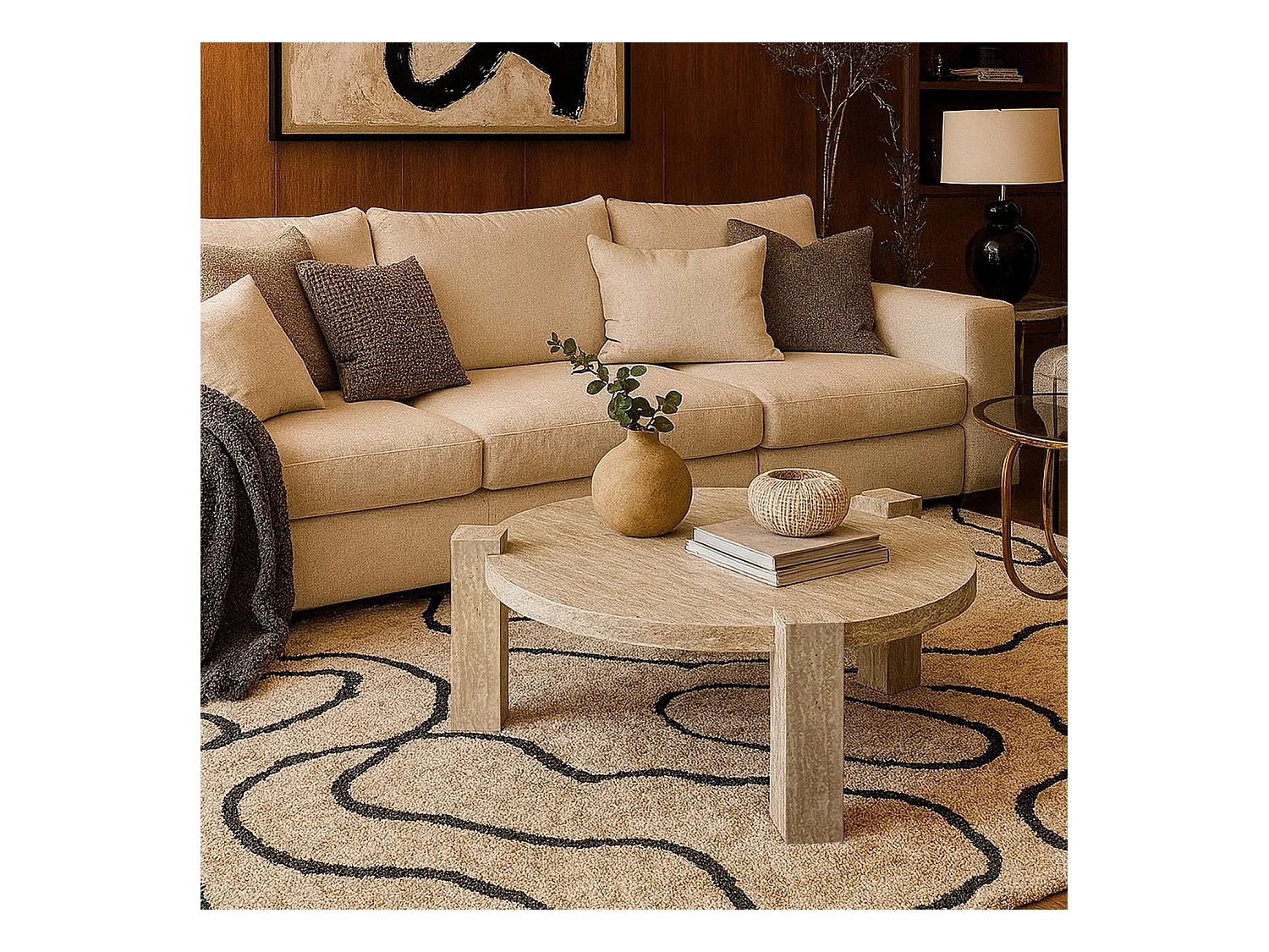 Table basse ronde moderne Titouan D84cm Effet Travertin Beige