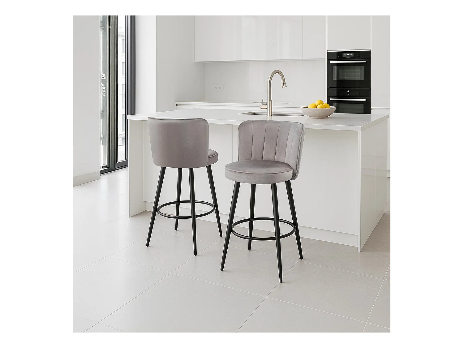 Lot de 2 chaises de bar au dossier incurvé Philippa Velours Taupe grisé