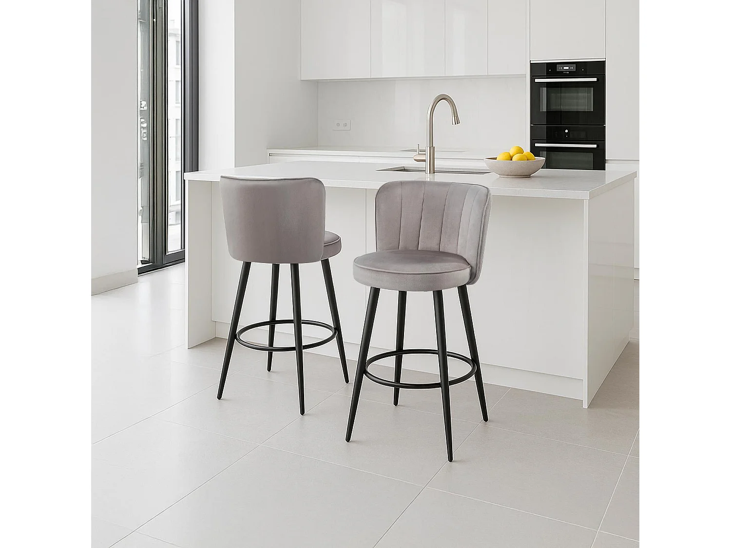 Lot de 2 chaises de bar au dossier incurvé Philippa Velours Taupe grisé