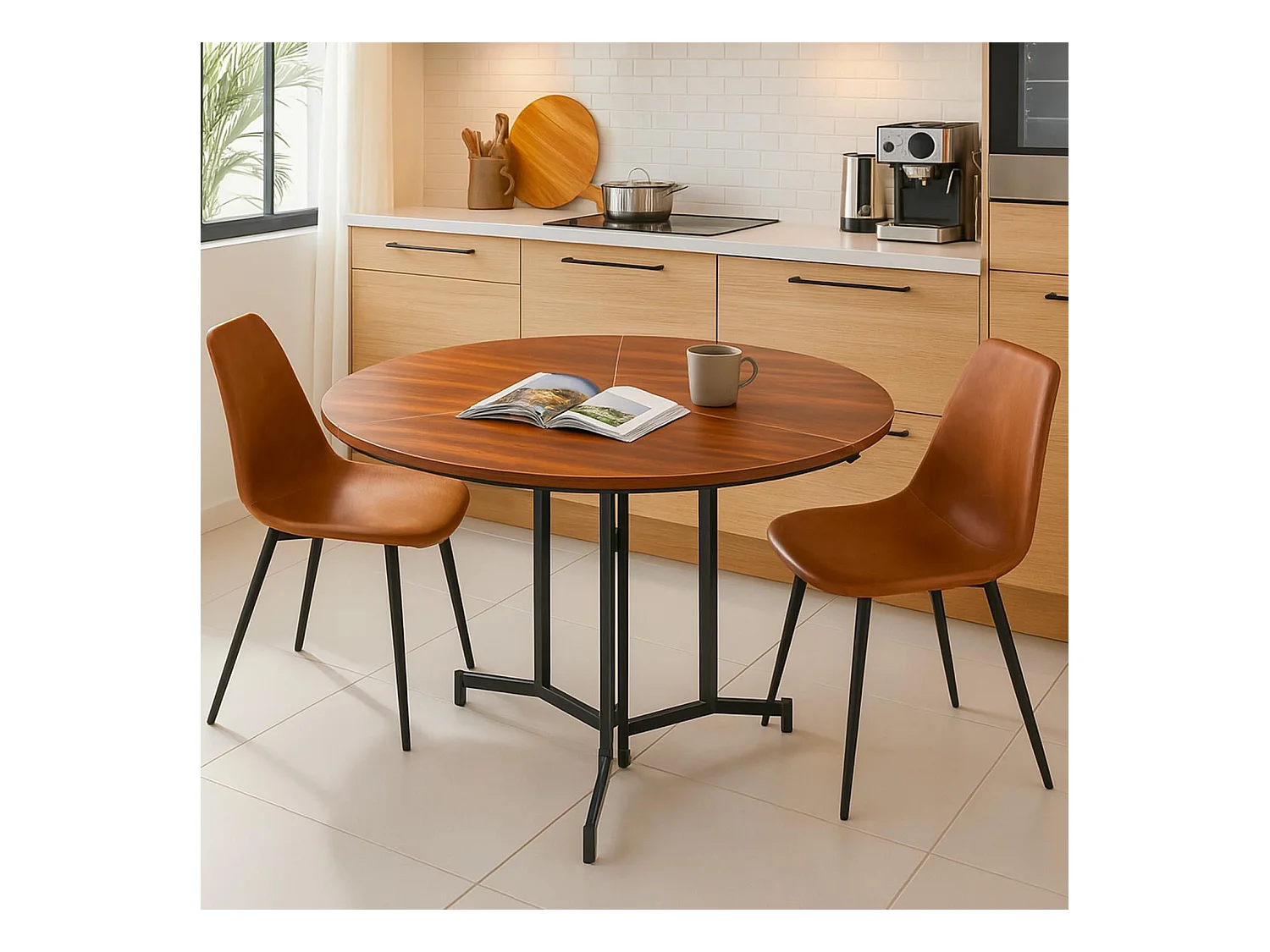 Table ronde pliable gain de place Cokelio 120cm Métal et plateau 3 parties Bois Noisette