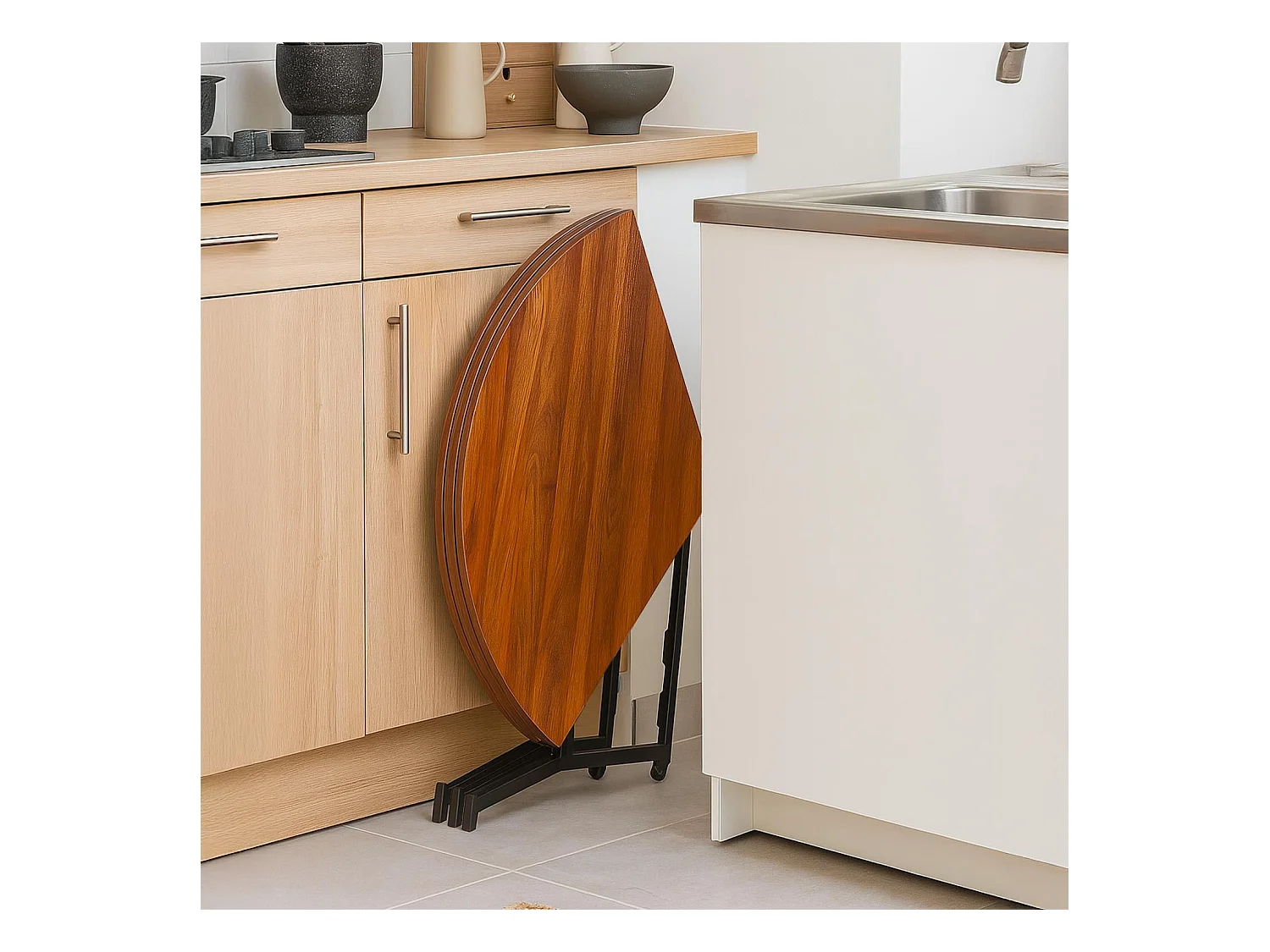 Table ronde pliable gain de place Cokelio 120cm Métal et plateau 3 parties Bois Noisette