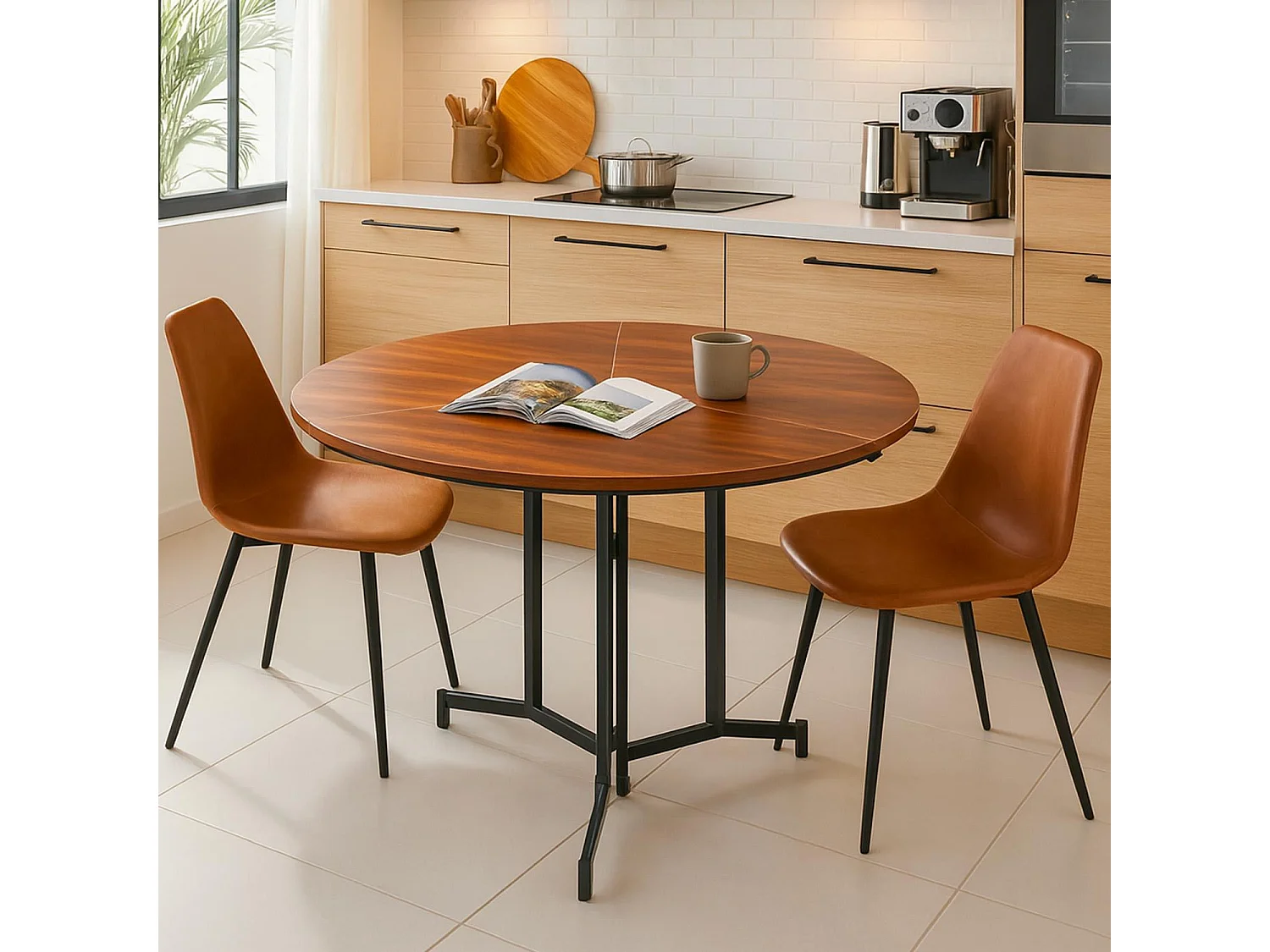 Table ronde pliable gain de place Cokelio 120cm Métal et plateau 3 parties Bois Noisette