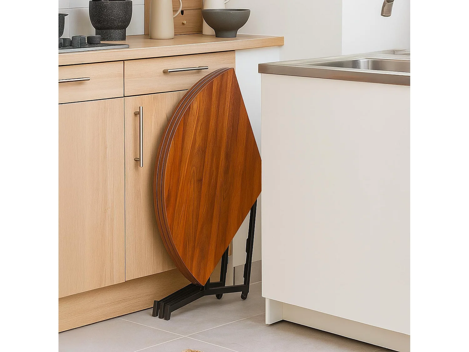 Table ronde pliable gain de place Cokelio 120cm Métal et plateau 3 parties Bois Noisette