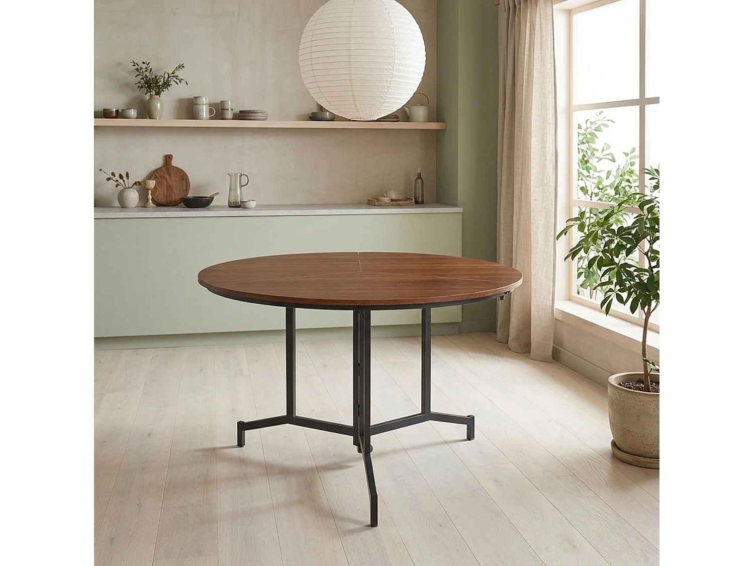 Table ronde pliable gain de place Cokelio 120cm Métal et plateau 3 parties Bois Noisette