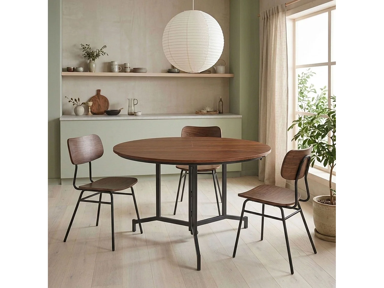 Table ronde pliable gain de place Cokelio 120cm Métal et plateau 3 parties Bois Noisette