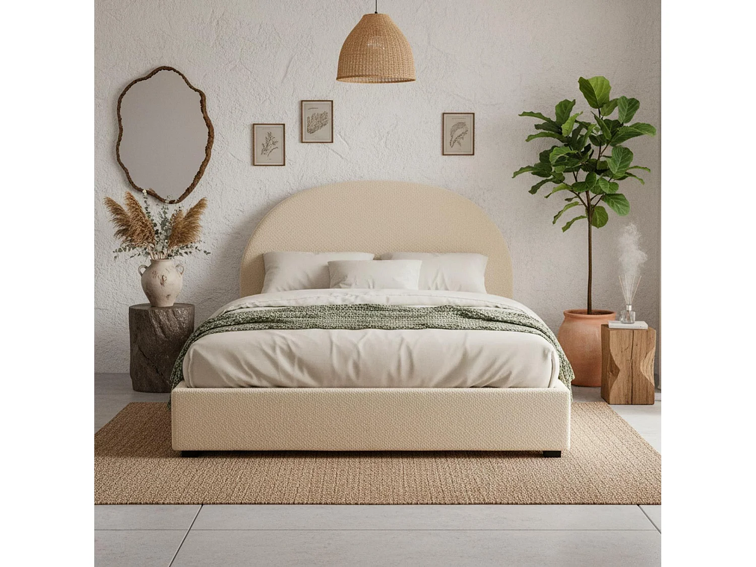 Lit-coffre complet avec tête de lit arrondie Bowiz 180x200cm Tissu bouclette Beige