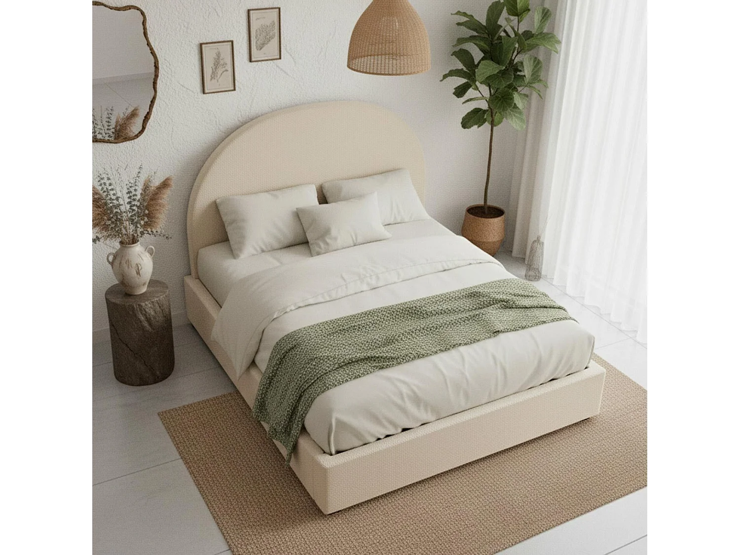 Lit-coffre complet avec tête de lit arrondie Bowiz 180x200cm Tissu bouclette Beige