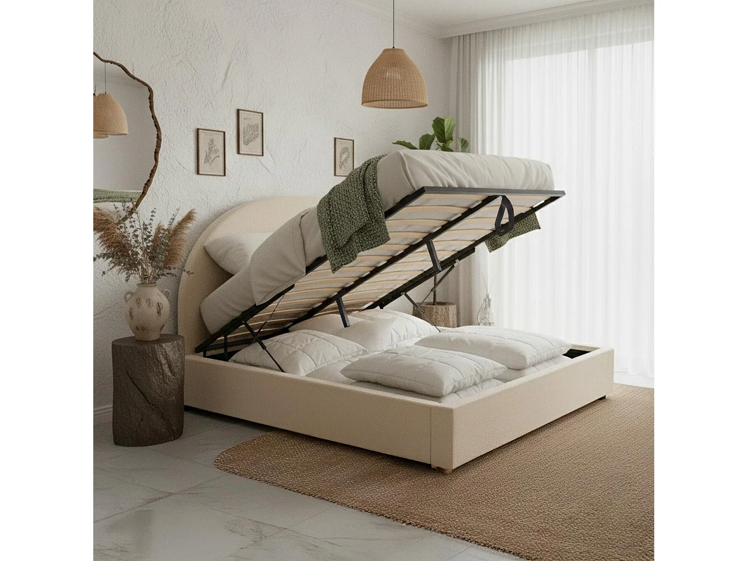 Lit-coffre complet avec tête de lit arrondie Bowiz 180x200cm Tissu bouclette Beige