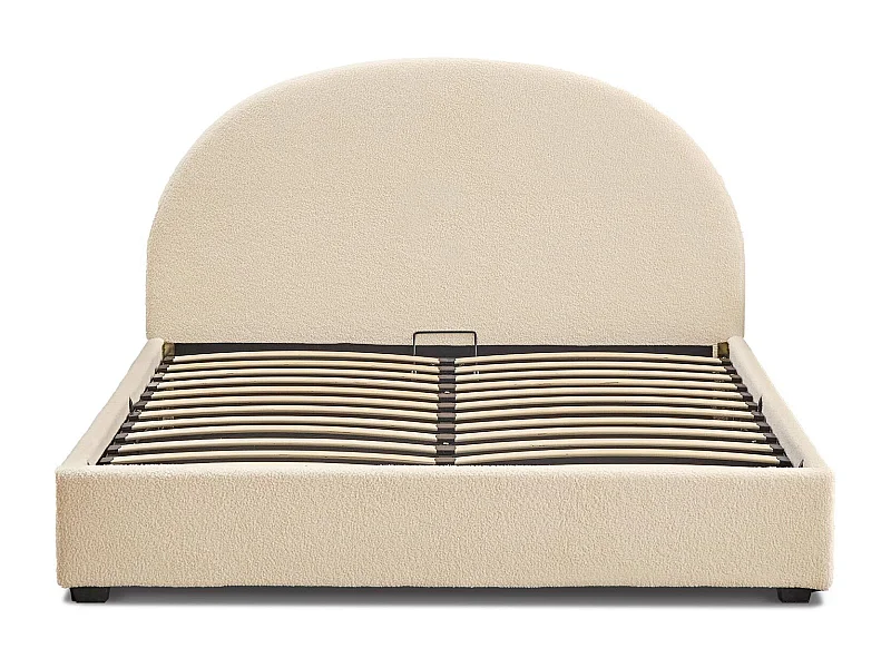 Lit-coffre complet avec tête de lit arrondie Bowiz 180x200cm Tissu bouclette Beige
