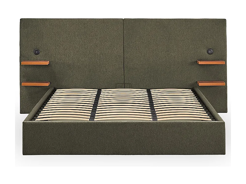 Lit-coffre complet avec tablettes et ports USB intégrés Lukas 180x200cm Tissu Vert
