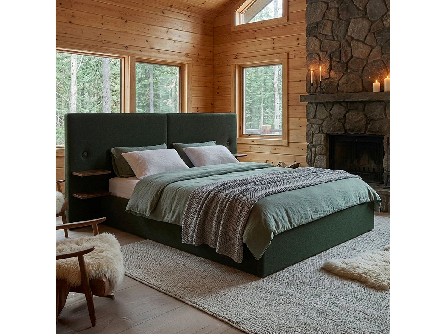 Lit-coffre complet avec tablettes et ports USB intégrés Lukas 180x200cm Tissu Vert