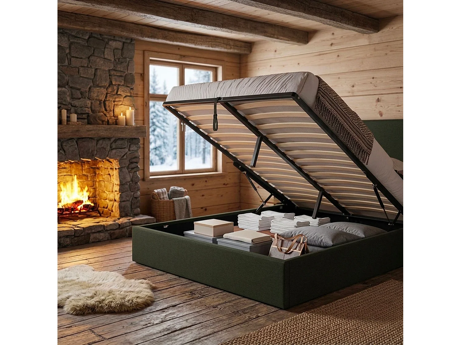 Lit-coffre complet avec tablettes et ports USB intégrés Lukas 180x200cm Tissu Vert