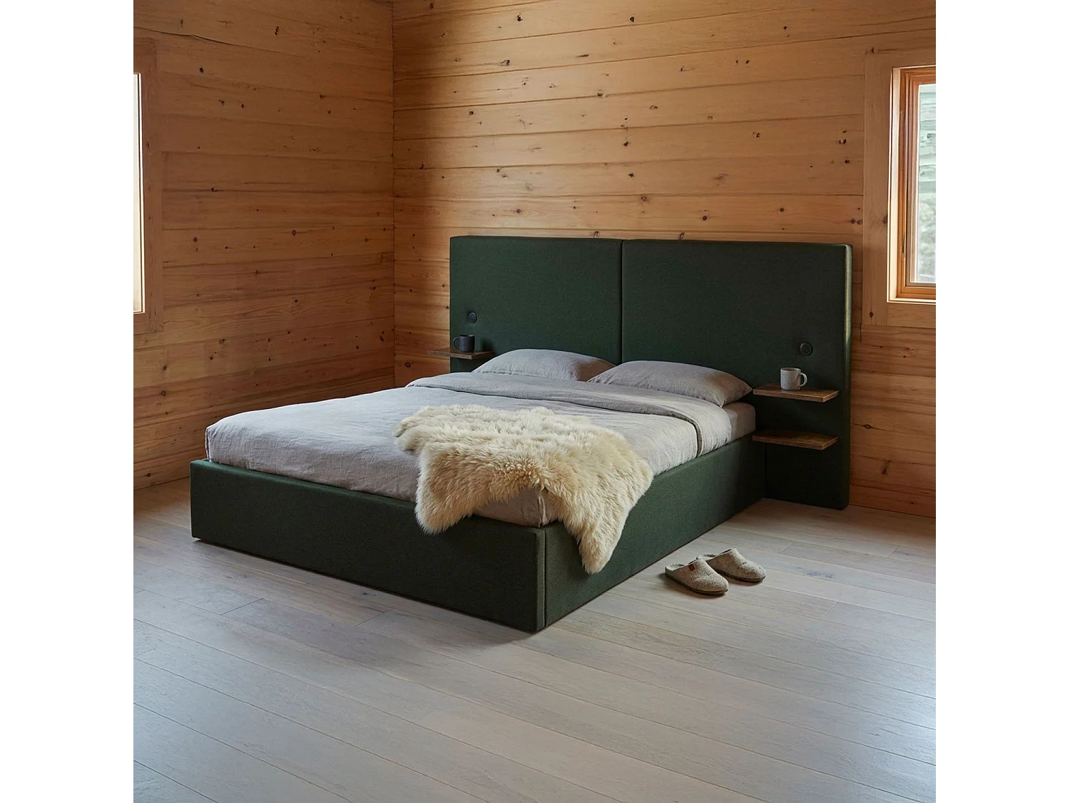 Lit-coffre complet avec tablettes et ports USB intégrés Lukas 180x200cm Tissu Vert
