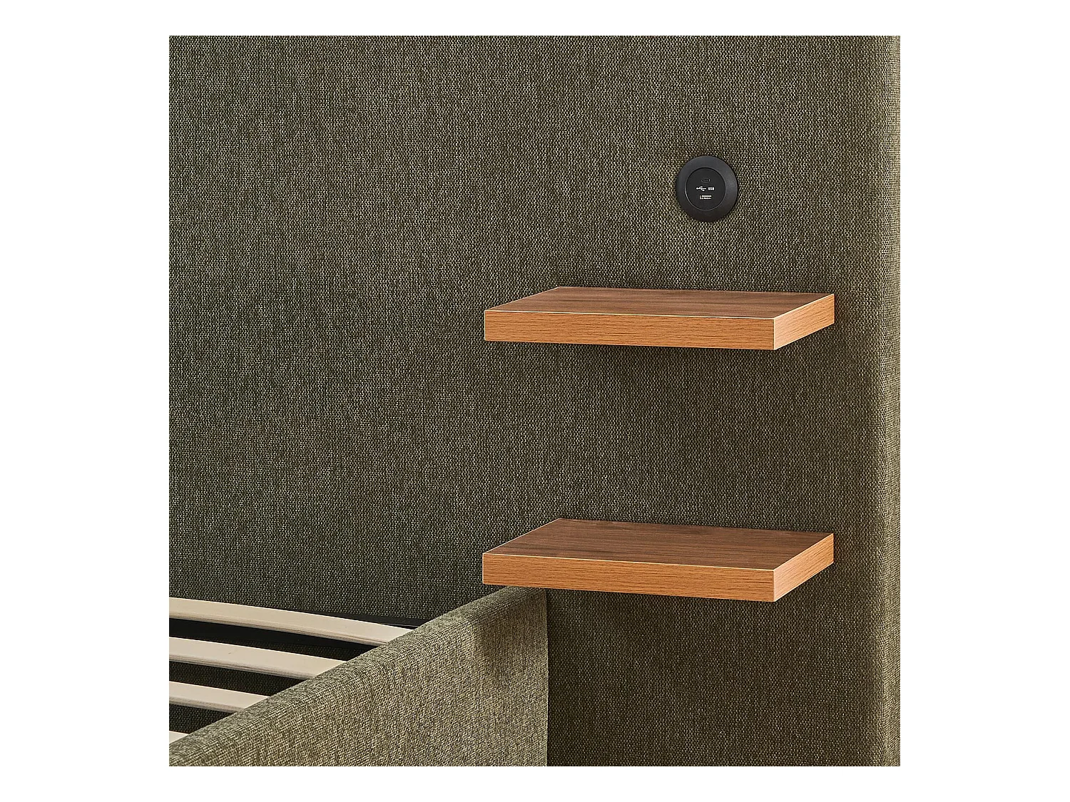 Lit-coffre complet avec tablettes et ports USB intégrés Lukas 160x200cm Tissu Vert