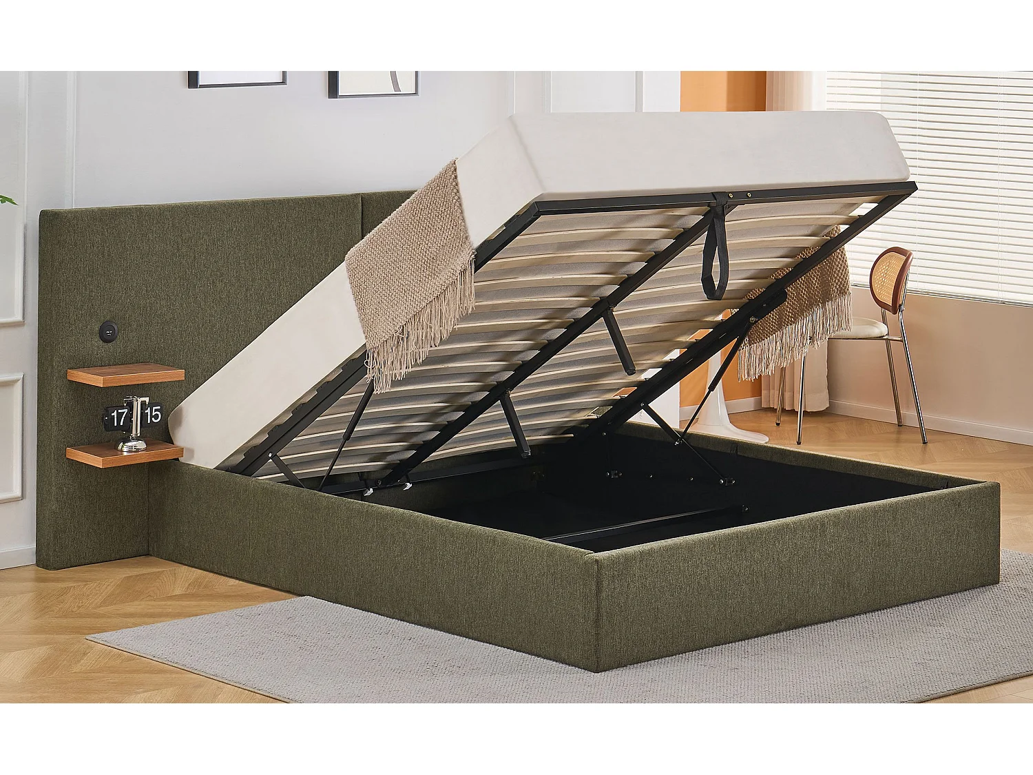 Lit-coffre complet avec tablettes et ports USB intégrés Lukas 160x200cm Tissu Vert