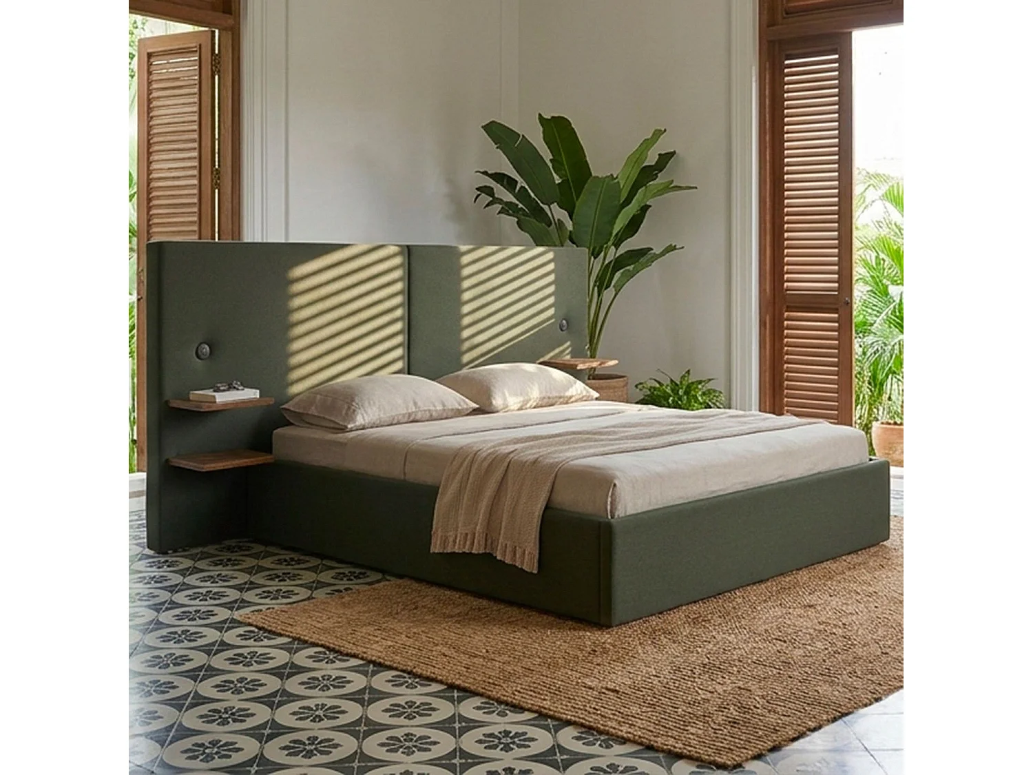 Lit-coffre complet avec tablettes et ports USB intégrés Lukas 160x200cm Tissu Vert