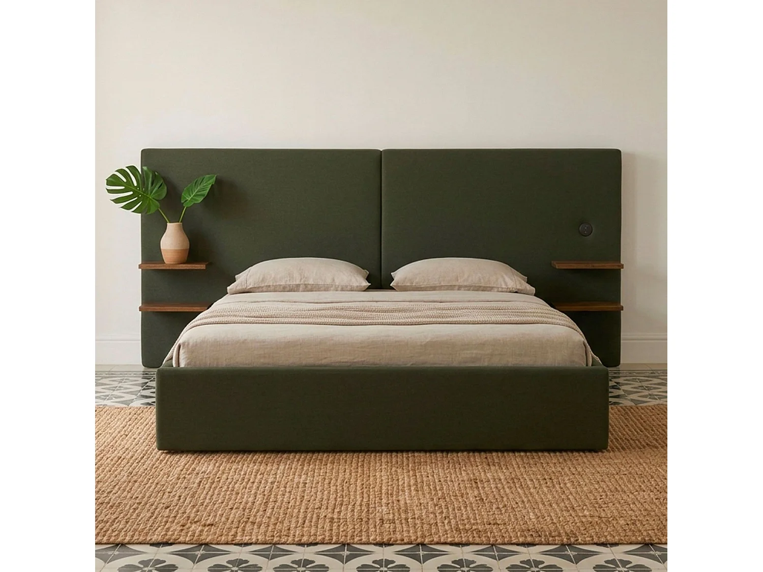 Lit-coffre complet avec tablettes et ports USB intégrés Lukas 160x200cm Tissu Vert