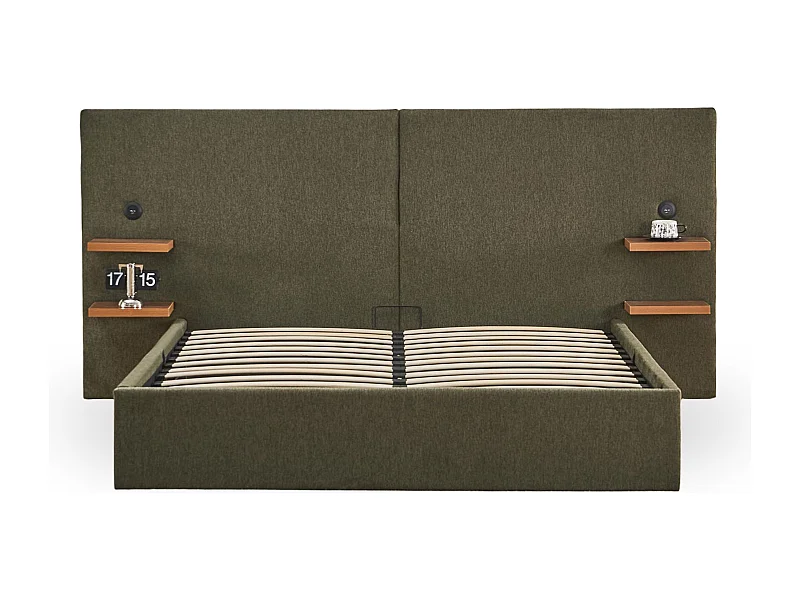 Lit-coffre complet avec tablettes et ports USB intégrés Lukas 160x200cm Tissu Vert