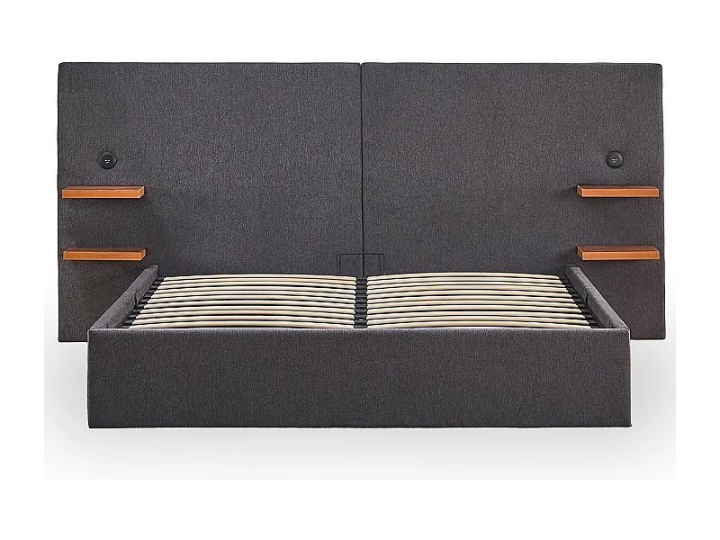 Lit-coffre complet avec tablettes et ports USB intégrés Lukas 160x200cm Tissu Gris